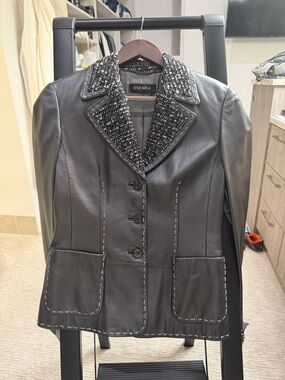 Escada Anthracite Leather Blazer with Tweed Trim